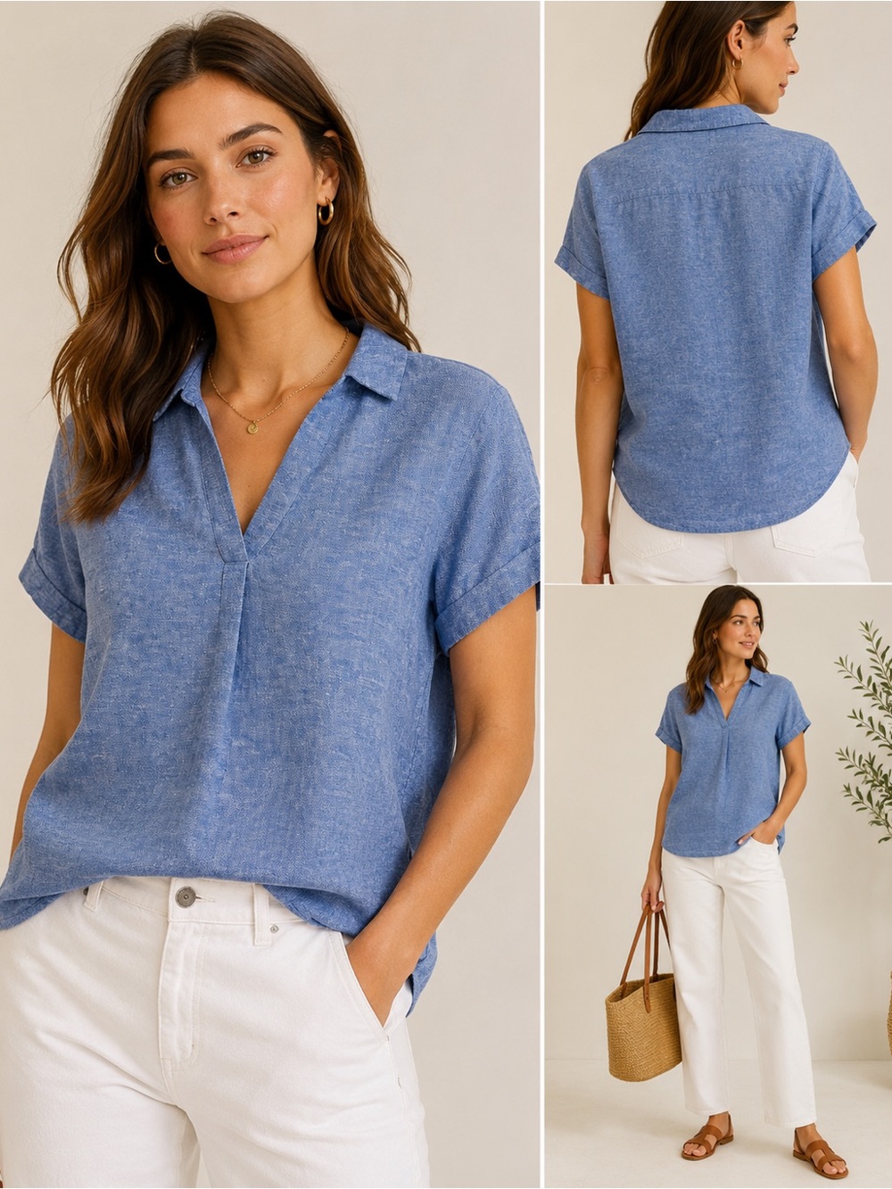 Abercrombie & Fitch Heathered Light Blue V-Neck Collared Short Sleeve Top